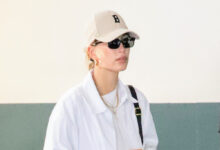 Hailey bieber arrives vogue hawtcelebs plaid